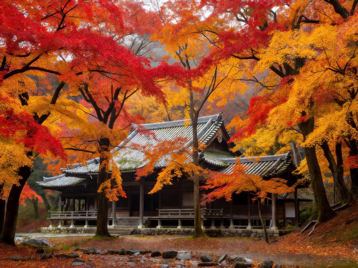 Autumn foliage over a traditional temple in Kyoto