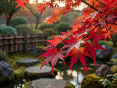 Close up of red maple leaves in a Japanese garden