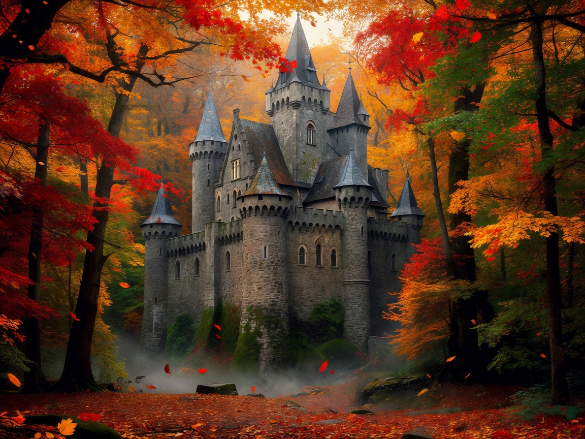 Fairytale castle surrounded by autumn forest in Bavaria