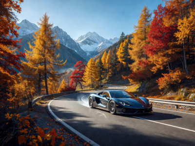 High performance car on an Alpine road with autumn trees
