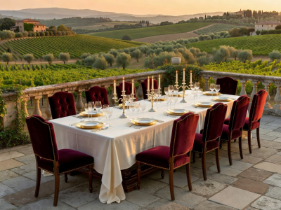 Luxurious table set for dining overlooking Tuscan vineyards