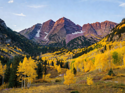 Maroon Bells surrounded by golden aspen trees