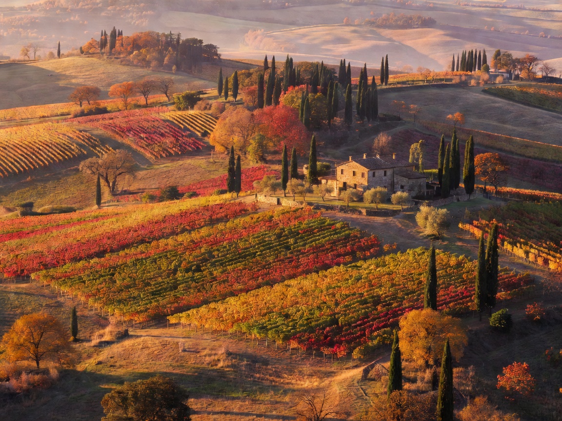 Rolling hills and vineyards of Tuscany in autumn light