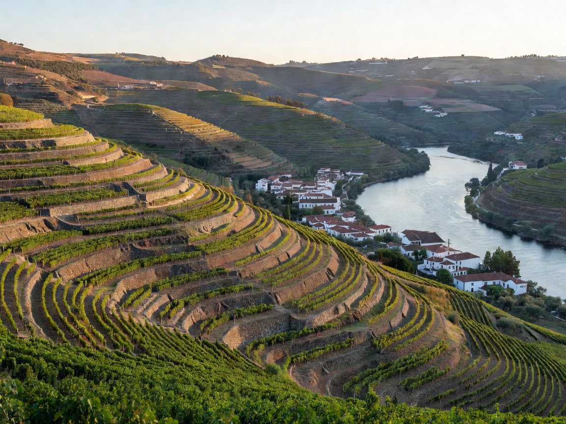 Terraced vineyards sloping down to a winding river in Douro Valley