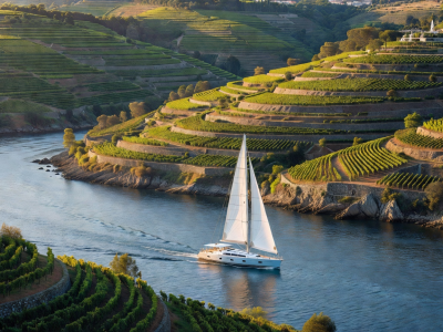 Yacht sailing on the Douro river surrounded by terraced vineyards